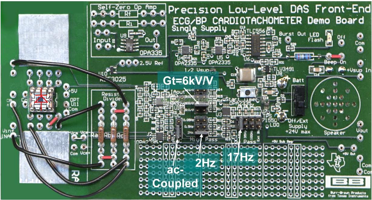 圖 2 精密型低電平 ECG 心率計電路板的正面圖