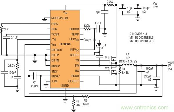 圖9:高效率電源,12V輸入至5V/25A輸出