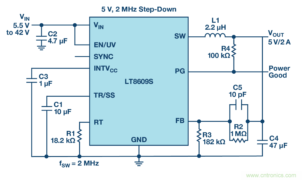 具 2.5 &mu;A 靜態電流和超低 EMI 輻射的 42 V、2 A/3 A 峰值同步降壓型穩壓器