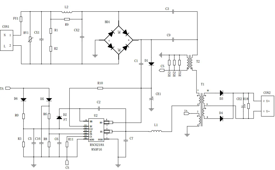 一、LED驅動模塊RSC6218A REASUNOS(瑞森半導體)通過持續投入研發，提升LLC應用技術，集成控制芯片與功率轉換，成功推出新一代產品RSC6218A WSOP-16，延續瑞森LLC拓撲方案，時機趨勢完全迎合我國雙碳政策，電氣特性契合新版國標GB/T 17625.1-2022和歐盟新版ERP認證EU2019/2020雙重法規，專為中小功率的產品提供優秀的方案；接下來會分幾個篇章持續介紹新方案產品的應用資料和設計實例分享：  RSC6218A功率模塊內部集成CS-CP-LLC電源半橋模塊和功率轉換模塊，延續瑞森主題設計方向單級實現高PF無頻閃技術和LLC諧振軟開關技術方案：該型號適用于5-18W功率段；具備高轉換效率(90%+)，高PF(>0.96)，低THD(<10%)，小型化(縮小PCB面積10-25%)，通過優化產品內部設計提升產品內部功率器件的開啟與關閉性能，避免干擾發生，最高工作頻率達200KHZ，實現WSOP-16封裝兼顧散熱與小型化；并且內部可自動設置死區時間，讓方案可靠易設計。 產品可廣泛應用于： 1.護眼系列燈具：如教室燈、辦公燈、護眼臺燈、壁燈、閱覽室燈等； 2.家居類燈具：如客廳燈、臥室燈、兒童房燈、廚房燈、走廊燈等； 3.軌道類燈具：地鐵照明、高鐵照明、隧道照明、車站照明等； 4.商照類燈具：筒燈、射燈、投射燈、 亮化燈、防爆燈等； 方案起到提供高效，穩定，長壽命的作用。 二、產品功能框架  三、IC各PIN腳功能說明  PIN1&nbsp;PGND 功率地，內部是連接低邊MOS的S端地線； PIN2&nbsp;&nbsp;NC&nbsp; PIN3&nbsp; HS 半橋MOS低邊漏極PIN； PIN4&nbsp; HS 半橋MOS低邊漏極PIN； PIN5&nbsp; HS 半橋MOS高邊源極PIN； PIN6&nbsp; HS 半橋MOS高邊源極PIN； PIN7&nbsp;&nbsp;NC&nbsp; PIN8&nbsp; HO 半橋MO高邊漏極； PIN9&nbsp; HO 半橋MOS高邊漏極； PIN10&nbsp;HB 半橋驅動高邊電源，通過外置的一個二極管與電容組成自舉回路，為高邊 MOS 的開啟提供電平； PIN11&nbsp;VIN 高壓啟動的輸入腳，最高耐壓可達DC600V，啟動電流在1.7mA，一般應用是從高壓電解處串接一個1206100K電阻引到PIN1，在整個環路還未建立起來時，是靠這個引腳的供電通過內部連接到PIN6VCC，然后把VCC電容慢慢充電到芯片的啟動電壓后，芯片開始工作。整個環路建立起來后，VIN腳內部關斷，VCC 通過外部變壓器輔助繞組供電維持正常工作； PIN12&nbsp; VCC 信號電源引腳，&nbsp;工作電壓范圍 8-20V，工作電流在&nbsp;0.8mA，靜態工作電流是 720uA； PIN13&nbsp; NC DT懸空腳； PIN14&nbsp;FB &nbsp;電壓反饋輸入，VFB中心值是1.2V，該引腳的功能主要是限定空載電壓的最大幅度，該芯片空載保護屬于打嗝模式，可以有效降低空載損耗，能效要求輕松符合小于0.5W的要求； PIN15&nbsp; CS 電流采樣正弦波信號輸入該PIN腳是通過線路中的互感電感采樣得到全波的正弦波信號，&nbsp;通過電阻轉換為電壓信號后，輸入到CS PIN腳，&nbsp;內部連接到壓控振蕩器，根據輸入進來的電壓幅值大小，以及正弦波的頻率，壓控振蕩器輸出對應的方波來控制LG與HG端的MOS開關頻率，實現恒流調節控制； PIN16&nbsp; AGND 信號地參考電平，主要連接 VCC，FB 對應 PIN 腳的元件地線。 四、關鍵PIN腳參數設定范圍  五、典型應用原理圖  關注瑞森半導體公眾號，接下來持續分享具體案例的設計參考文檔，攜手各伙伴們實現新版國標GB/T17625.1-2022的順利達標，為工程師縮短開發周期，讓工廠端得到滿意的產品，給客戶一個滿意的答卷，得到需要的利潤空間。