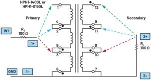   材料  ? ADALM2000主動學習模塊 ? 無焊試驗板和跳線套件 ? 一臺HPH1-1400L 6繞組變壓器 ? 一臺HPH1-0190L 6繞組變壓器 ? 兩個100 Ω電阻  說明  在無焊試驗板上構(gòu)建圖2所示的電路。需要使用此設(shè)置來測量初級/次級匝數(shù)比為1:1的三種不同配置下，兩個變壓器型號各自的頻率響應(yīng)。兩個紅色箭頭表示在初級和次級使用同一個線圈的配置中連接源電阻和負載電阻的位置。藍色箭頭對應(yīng)的是在初級和次級使用兩個串聯(lián)線圈的配置。綠色箭頭對應(yīng)的是在初級和次級使用三個串聯(lián)線圈的配置。